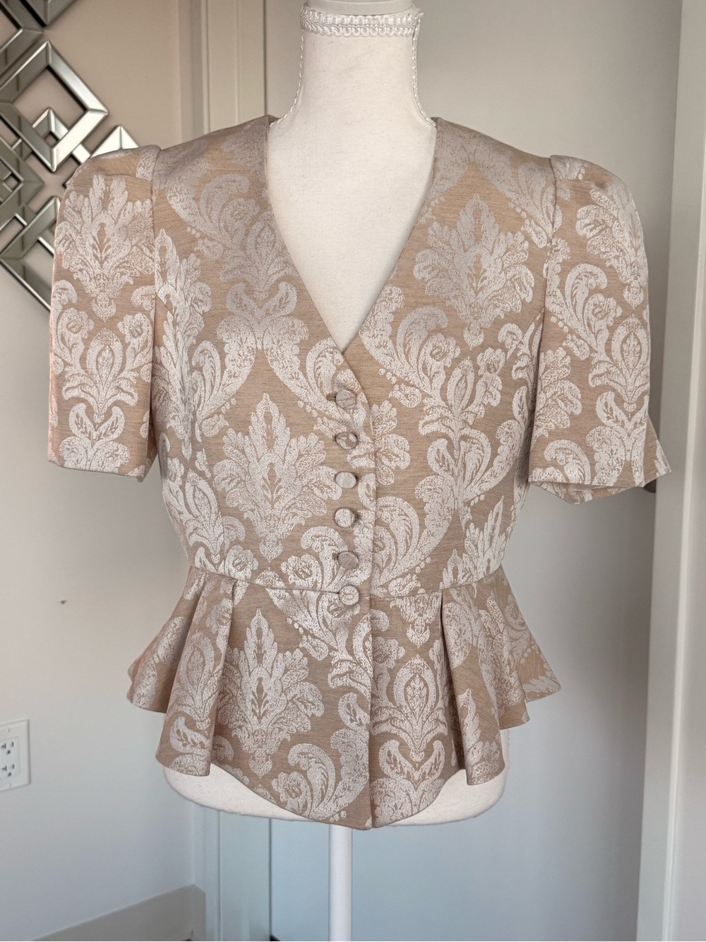 Zara Beige and White Damask Peplum Blouse
